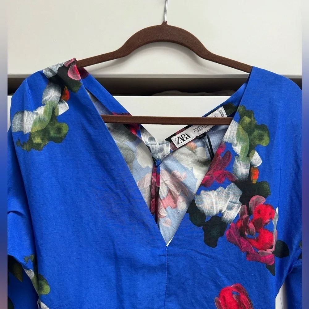 ZARA TRAF S/S 24 Hand Dyed Blue Floral Chinoserie Dress Draped Long Sleeve Sz M